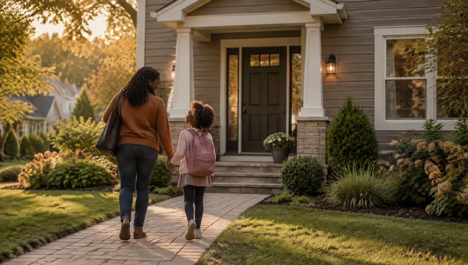 A mother and daughter walking together toward their home
