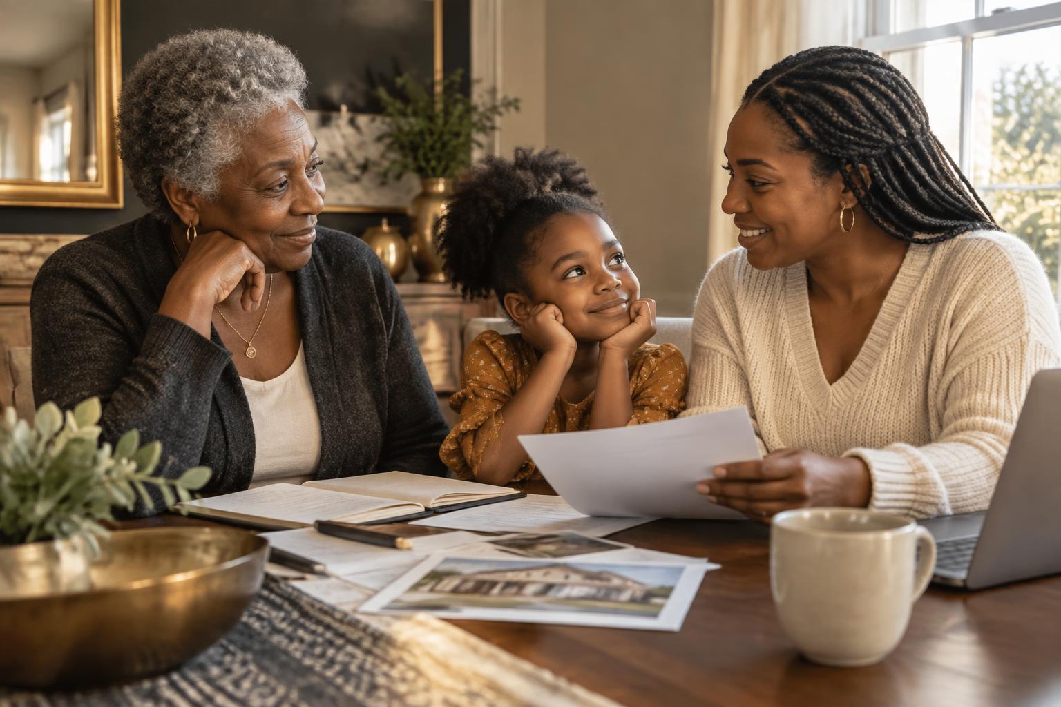 Three generations of women discussing family housing and legacy plans